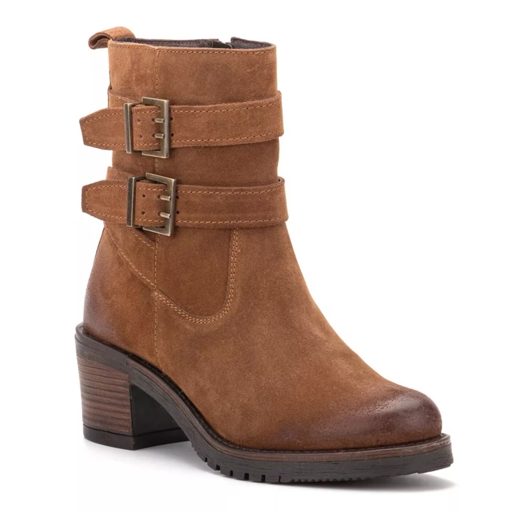 Brown Suede Heeled Boots with‎ Buckle Details